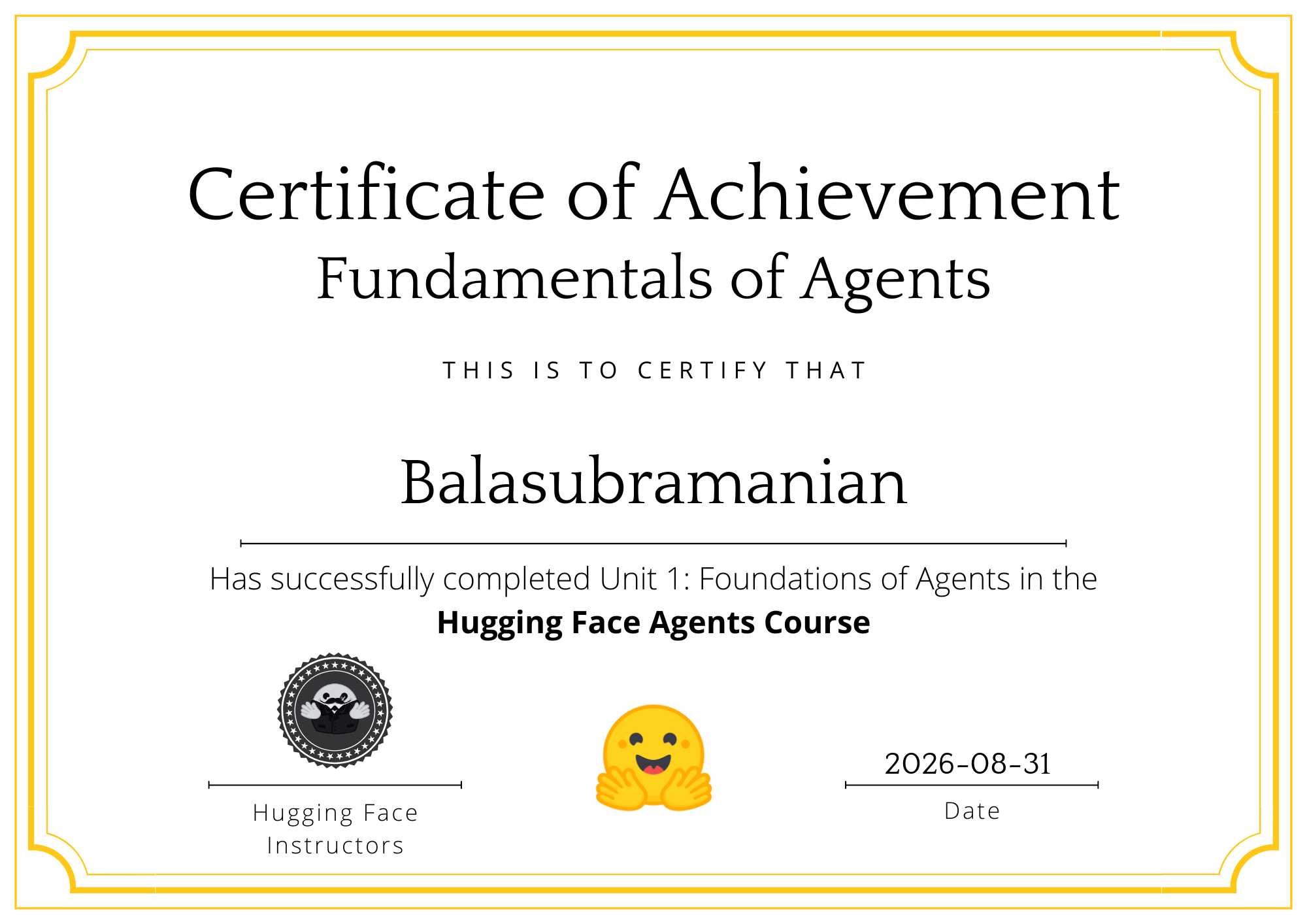 Hugging Face AI Agents Certificate Preview